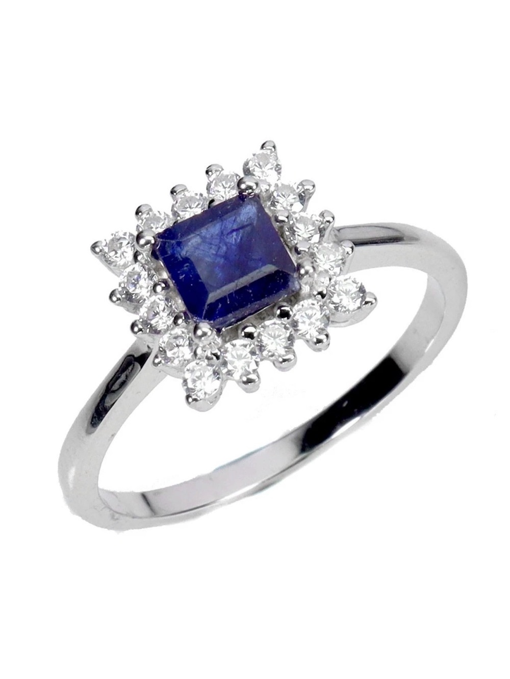 Natural Blue Sapphire Square .80CT w/starburst Halo 925 Sterling Silver Ring - 8